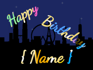 Happy Birthday GIF:City fireworks of stars. Fonts block & cursive, & a party colors texture