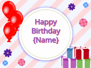 Happy Birthday GIF:red Balloons, mix colors gift boxes, purple text