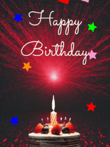 A bright red animated happy birthday gif with a cake and falling confetti reading Happy Birthday Name