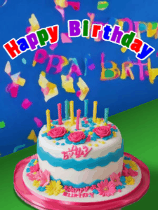 A brightly colored animated birthday gif with a cake and a cute cartoon dragon flies past to light the candles. Customize banner text.