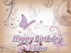 Classical birthday gif background with colorful musical notes floating past and a name you can customize, reads Happy Birthday.