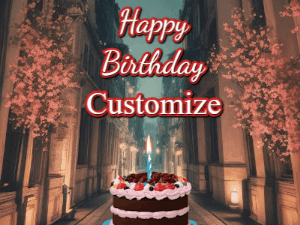 Happy Birthday GIF with an animated flickering candle on a cake in front of a roadway background at night.