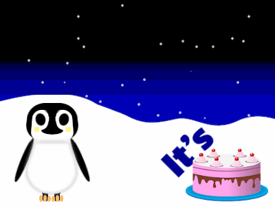 Happy Birthday, birthday-4930 @ Editable GIFs,Penguin: candy cake,red text,% 3 fireworks