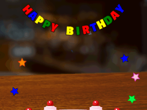 Happy Birthday GIF:pink Cake, flying mix on a pub background