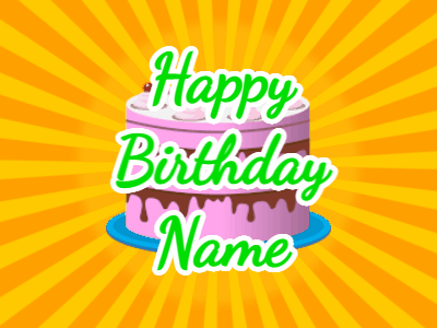 Happy Birthday GIF, birthday-495 @ Editable GIFs,yellow sunburst,pink cake, green text