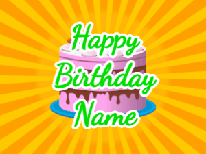 Happy Birthday GIF:yellow sunburst,pink cake, green text