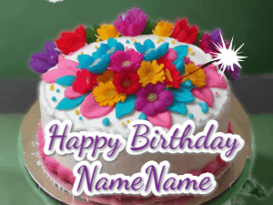 An animated happy birthday gif depicting a flowered birthday cake with falling flowers.