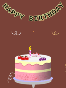 Happy Birthday GIF:Birthday GIF,fruity cake,brown background,hearts & confetti