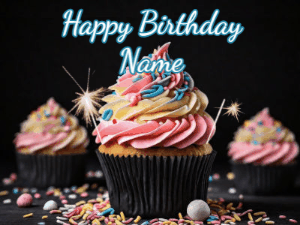 A delicious cupcake gif with animated sparkles reading Happy Birthday with a name to customize