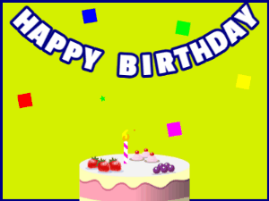 Happy Birthday GIF:A fruity cake on green with blue border & falling hearts