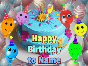 Happy Birthday GIF:Cute Balloons Blue Birthday Cake