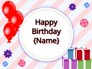 Happy Birthday GIF:red Balloons, mix colors gift boxes, black text