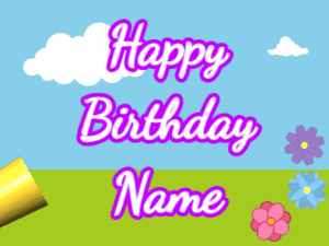 Happy Birthday GIF:Horn, confetti, meadow, cursive, white, purple