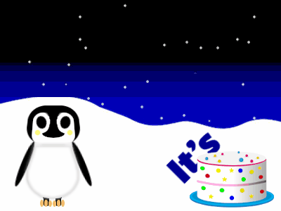 Happy Birthday, birthday-5130 @ Editable GIFs,Penguin: candy cake,pink text,% 3 fireworks