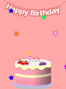 Happy Birthday GIF:Pink birthday GIF with a fruity cake and hearts
