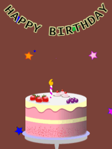 Happy Birthday GIF:Birthday GIF,fruity cake,brown background,hearts & stars