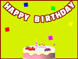 Happy Birthday GIF:A fruity cake on green with red border & falling hearts