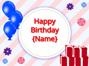 Happy Birthday GIF:blue Balloons, red gift boxes, red text