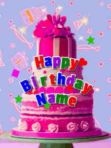 A big beautiful birthday cake gif with falling confetti, sparklers, and balloons, reads Happy Birthday Name. Customize it.