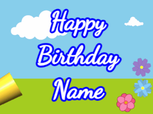 Happy Birthday GIF:Horn, confetti, meadow, cursive, white, blue