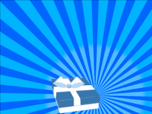 Happy Birthday GIF:blue Gift box, blue sunburst, happy faces & block