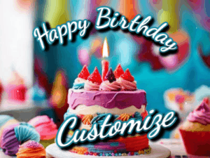 Animated Happy Birthday Gif reading Happy Birthday Customize. Depicts a colorful birthday with flickering candles and glitter.
