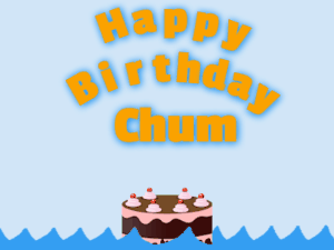 Happy Birthday GIF:Birthday shark gif: chocolate cake & orange text