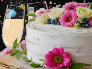 A beautiful and colorful happy birthday gif with a cake, animated text, and fireworks of stars and confetti