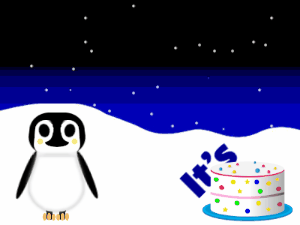 Happy Birthday GIF:Penguin: candy cake,pink text,% 3 fireworks