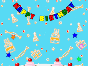 Happy Birthday GIF:pink Cake, flying stars on a blue decor background