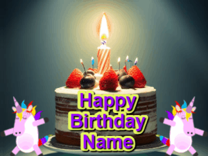 An animated gif with 2 unicorns and a birthday candle on a cake.