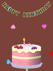 Happy Birthday GIF:Birthday GIF,fruity cake,brown background,hearts & hearts