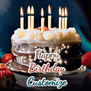 A beautiful birthday cake gif with sparks flying out and flicking candles. Text reads Happy Birthday Customize