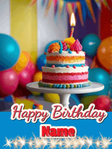 A birthday card gif with a cake and candle and a blue ribbon with animated sparklers. Reads Happy Birthday Name