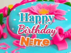 An animated happy birthday gif with a blue and pink cake and animated bubbles. It reads Happy Birthday Name. Customize it.