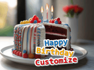 Animated GIF with a colorful birthday cake with 3 flickering candles and a stream of colorful polka dots flying past. Reads Happy Birthday Name