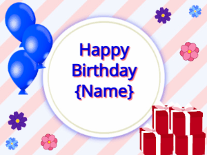 Happy Birthday GIF:blue Balloons, red gift boxes, blue text