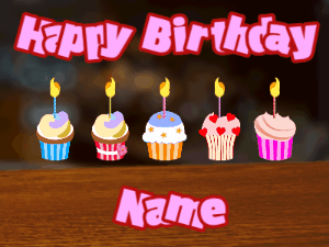 Happy Birthday GIF:Cupcakes for Birthday,bar top background,purple & red text