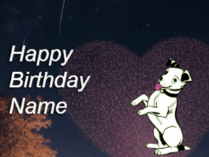 Happy Birthday GIF at night with a cute drawn dog, floating balloons, and a shooting star in front of a heart shaped star formation.