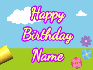 Happy Birthday GIF:Horn, confetti, meadow, cursive, yellow, purple
