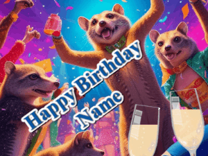 Happy Birthday GIF depicting a mongoose party with animated fireworks, sparkles and champagne. Reads Happy Birthday Name. Customize it.