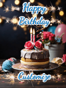 Sparkles and glitter happy birthday gif with a cake and flickering candles and sparklers behind the words happy birthday customize