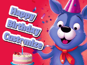A cute Happy Birthday GIF with a cartoon bear cheering a birthday cake, a flickering candle, and flying sparks.