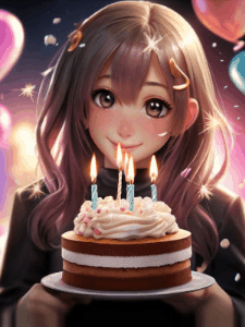 A pretty anime gif of a girl holding a birthday cake who winks with sparklers and flickering flames. Animated text.