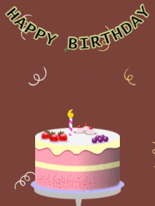 Happy Birthday GIF:Birthday GIF,fruity cake,brown background,stars & confetti