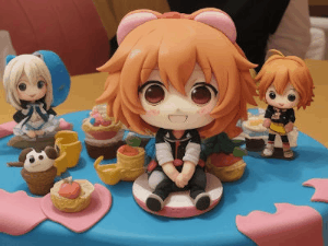 Cute chibi anime characters top this birthday cake animated gif with heart-shaped fireworks and a name you can customize.
