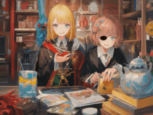 Anime colorful magic shop with two clerks doing a bit of magic for a birthday greeting you can personalize.
