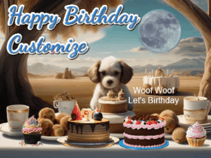 Animated birthday gif with a dog at a fancy birthday table loaded with cakes as hearts appear. It reads Happy Birthday Customize.
