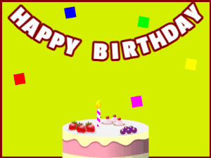 Happy Birthday GIF:A fruity cake on green with red border & falling stars