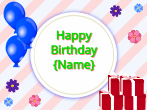 Happy Birthday GIF:blue Balloons, red gift boxes, green text